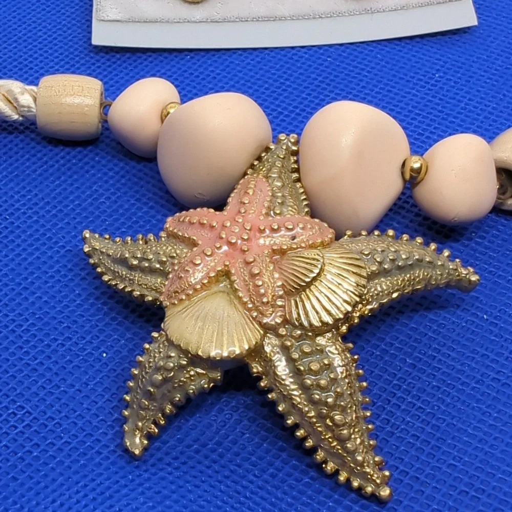 VINTAGE 20”SILK CORD BEADED NECKLACE W/ STARFISH PENDANT & EARRINGS BEACH OCEAN